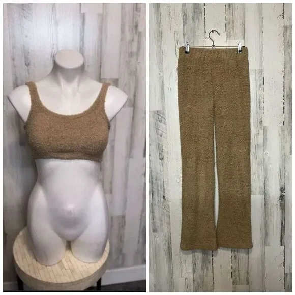 If It Were Me Teddy Lounge Set XS | Fuzzy Bralette & Wide Leg Pants | Cozy Tan T - Picture 1 of 11